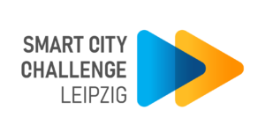 Logo der Smart City Challenge Leipzig mit zwei übereinanderliegenden Dreiecken in Blau und Orange.